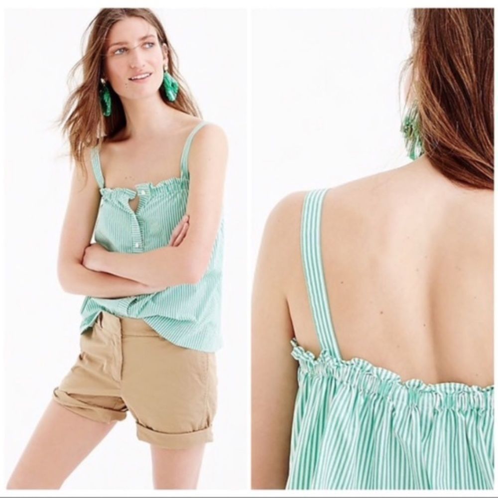 J Crew Button Front Ruffle Top Striped Green White